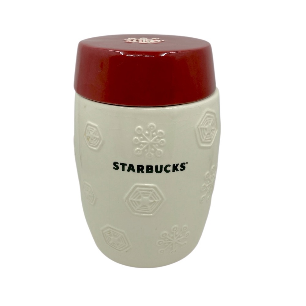 Starbucks 2011 Red White Snowflake Christmas Ceramic Canister Coffee Cookie Jar